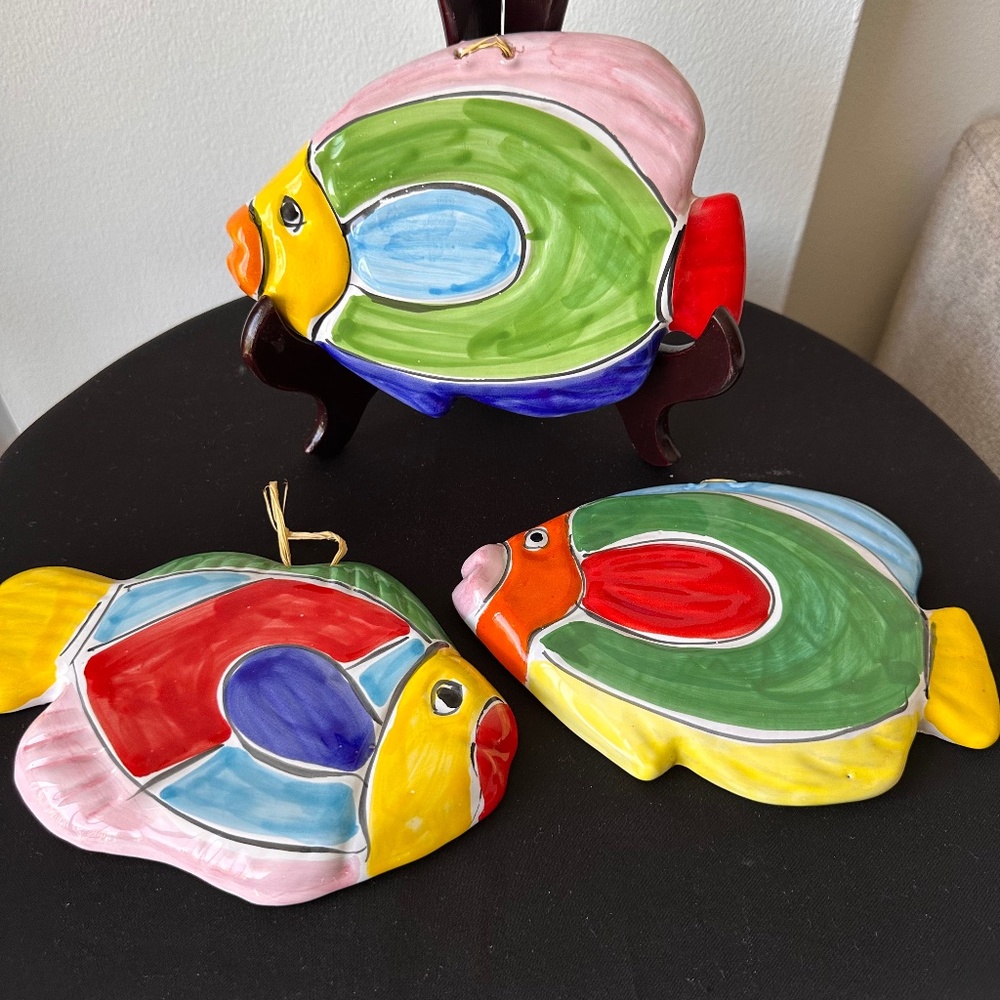 Set of 3 LA MUSA Italy Hand Painted Ceramic Fish Colorful MCM Wall Plaques Set 2
